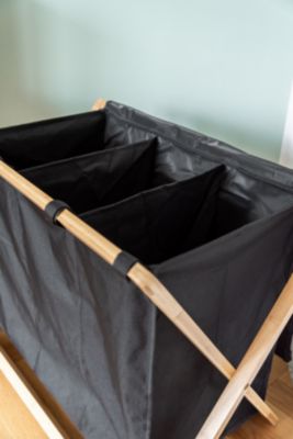 Panier à linge 3 compartiments l.69 x H.56,5 x 33 cm, noir et bambou, Wenko Ecori