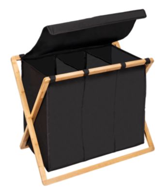 Panier à linge 3 compartiments l.69 x H.56,5 x 33 cm, noir et bambou, Wenko Ecori