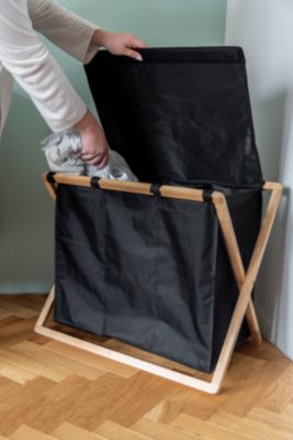 Panier à linge 3 compartiments l.69 x H.56,5 x 33 cm, noir et bambou, Wenko Ecori