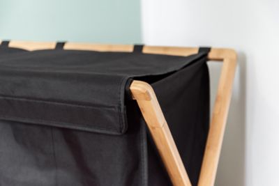 Panier à linge 3 compartiments l.69 x H.56,5 x 33 cm, noir et bambou, Wenko Ecori