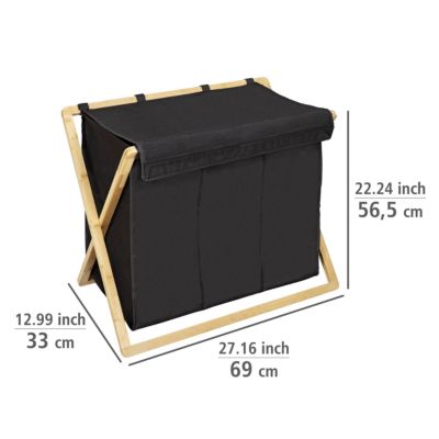 Panier à linge 3 compartiments l.69 x H.56,5 x 33 cm, noir et bambou, Wenko Ecori