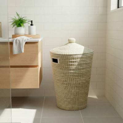 Panier à linge 44 litres en jonc de mer et polyester blanc l.53 x P.50 x H.65 cm GoodHome Bonetta
