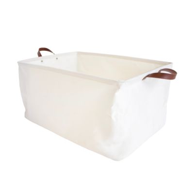 Panier à linge blanc avec anses effet cuir marron l.60 x H.30 x P.40 cm, Box & Beyond