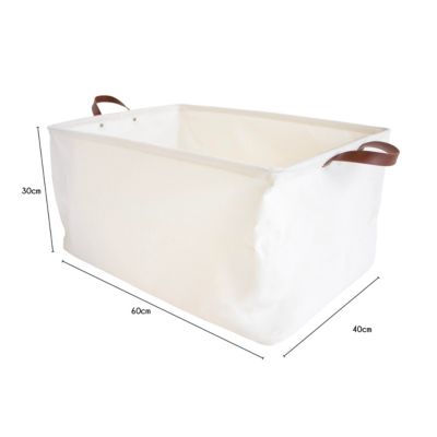 Panier à linge blanc avec anses effet cuir marron l.60 x H.30 x P.40 cm, Box & Beyond