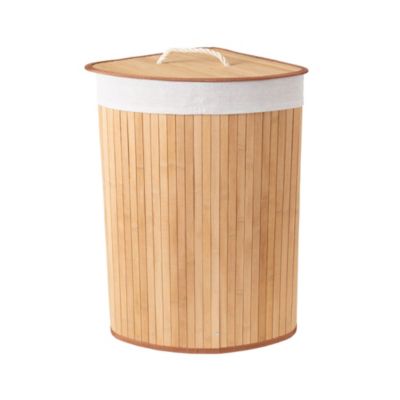 Panier à linge d'angle en bambou et blanc avec couvercle l.35 x H.60 x P.35 cm Compactor