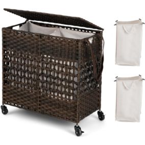 Panier a Linge de 110L avec Couvercle Sangle de Traction Panier a Linge Roulant Divise Pour la Buanderie et la Chambre a Coucher