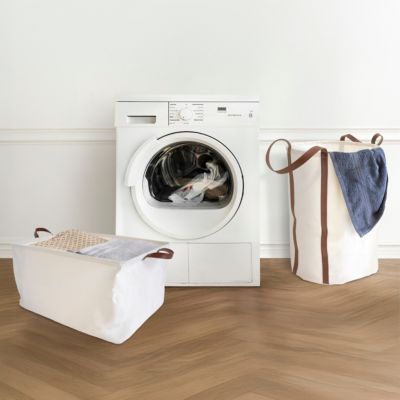 Panier à linge rond blanc avec anses effet cuir marron l.40 x H.60 x P.40 cm, Box & Beyond