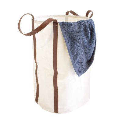 Panier à linge rond blanc avec anses effet cuir marron l.40 x H.60 x P.40 cm, Box & Beyond