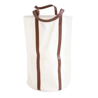 Panier à linge rond blanc avec anses effet cuir marron l.40 x H.60 x P.40 cm, Box & Beyond