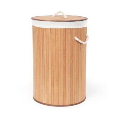 Panier à linge rond en bambou et blanc avec couvercle l.40 x H.60 x P.30 cm Compactor