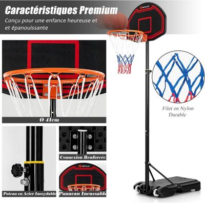 Panier De Basket Extérieur GOPLUS Pour Enfants – Hauteur Réglable 100-212 Cm, Panneau Incassable, Base Remplissable, 2 Roues – Cour, Piscine, Intérieur