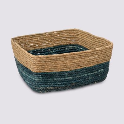 Panier de rangement bicolore tressé en fibres naturelles coloris pétrole S