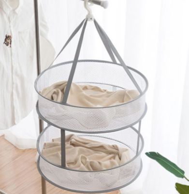Panier de séchage double pliable - 60cm de diamètre, séchoir à linge suspendu Tier de séchage en maille pliable Panier de séchage