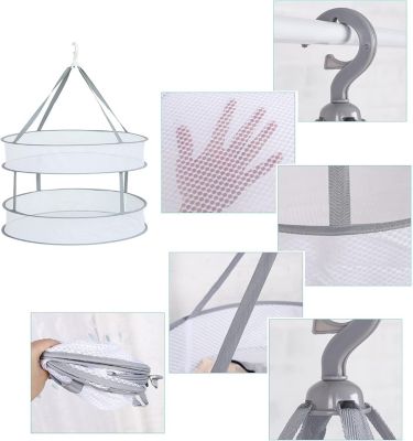 Panier de séchage double pliable - 60cm de diamètre, séchoir à linge suspendu Tier de séchage en maille pliable Panier de séchage