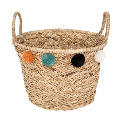 Panier en roseau avec pompons multicolores Beige, H. 26 cm, LIVI