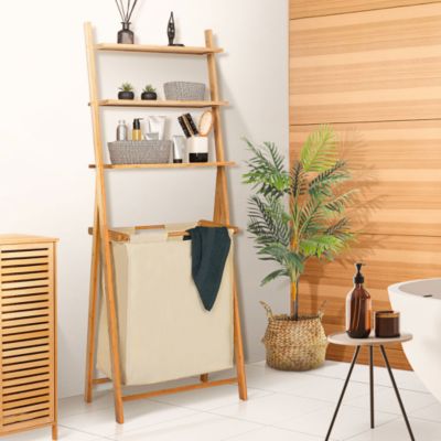 Panier à linge 2 bacs bambou LANA avec étagères tissu écru