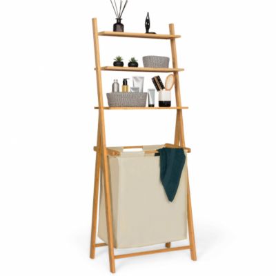 Panier à linge 2 bacs bambou LANA avec étagères tissu écru