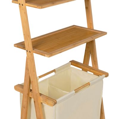 Panier à linge 2 bacs bambou LANA avec étagères tissu écru
