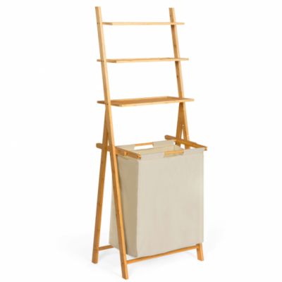 Panier à linge 2 bacs bambou LANA avec étagères tissu écru
