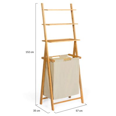 Panier à linge 2 bacs bambou LANA avec étagères tissu écru