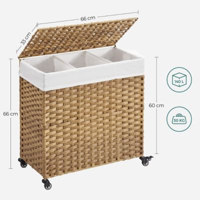 Panier à Linge 3 Compartiments sur Roulettes Imitation Jonc Naturel