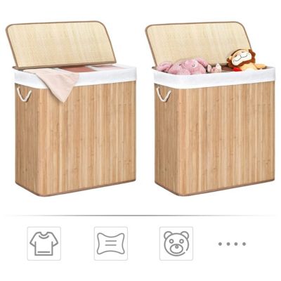 Panier à Linge en Bambou 3 Compartiments avec Couvercle et Poignées, 150L - L60 x H61,5 cm
