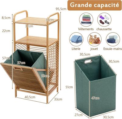 Panier à Linge en Bambou, Étagère Résistant à la Corrosion et aux Mites, Idéal pour Salle de Bain, Chambre, Balcon, Marron et Vert