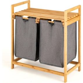 Panier à Linge en Bambou Tireur à Linge avec 2 Compartiments Corbeille à Linge Sale avec Étagère de Rangement