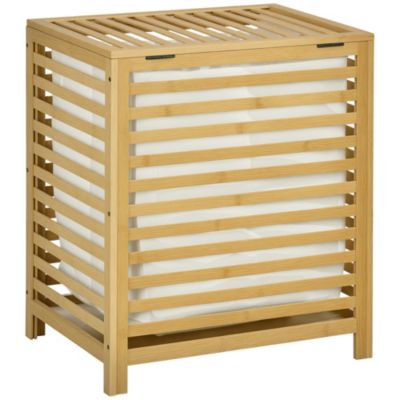 Panier à linge - sac en tissu amovible, couvercle - dim. 50L x 36l x 60H - bois bambou verni