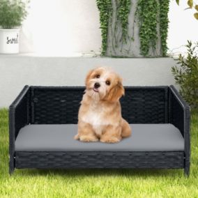 Panier pour Chien en Rotin avec Coussin Amovible Cadre métallique Patins antidérapants Lit surélevé Intérieur Extérieur