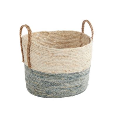 Panier rond bicolore bleu et camel en paille de mais