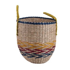 Panier rond en fibres naturelles décor en 3 couleurs S