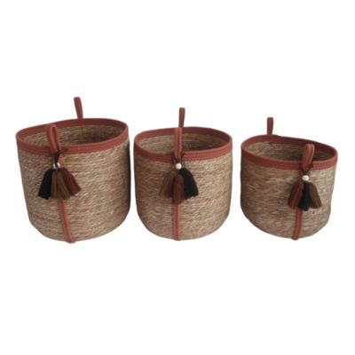 Panier rond en jonc de mer Norasia terracotta et couleur naturelle avec pompons taille L