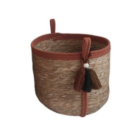 Panier rond en jonc de mer Norasia terracotta et couleur naturelle avec pompons taille S