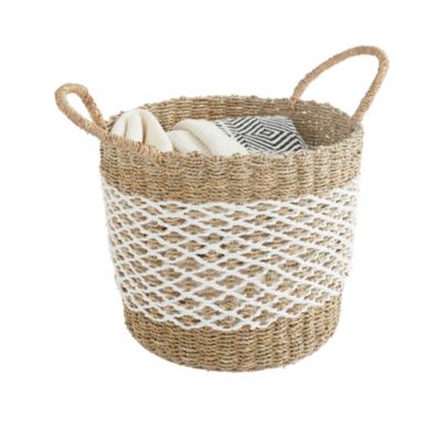 Panier Rond De Plage Bleu Et Beige - Marque Le Comptoir De La Plage, Taille Moyen, Paille, Neuf Avec étiquettes