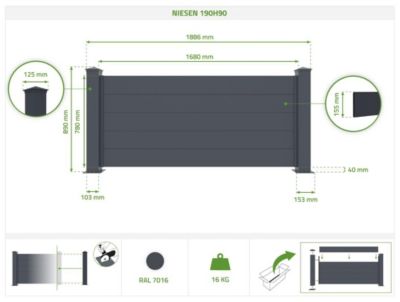 Panneau de clôture 1,9m NIESEN H.90cm aluminium Gris