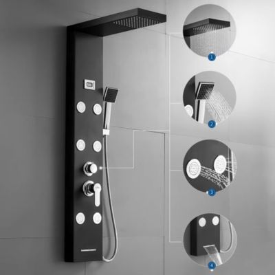 Panneau de douche noir, Colonne de douche hydromassante 4 fonctions avec écran, avec douche de tête effet pluie, cascade