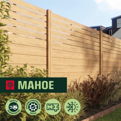 Panneau droit de clôture Mahoe en lames bois larges ajourées traitées marron L. 180 x H.60 cm