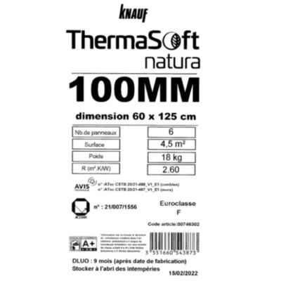 Panneau isolant à base de fibres végétales 1250 X 600 X 100 mm Knauf Thermasoft Natura R=2,6 m2.K/W