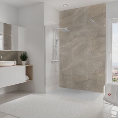 Panneau mural de salle de bains l.100 x H.210 cm, effet pierre taupe sablée, Schulte DécoDesign décor