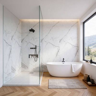 Panneau Mural Douche SPC/PVC Décor Marbre Blanc brillant - 260x90cm - 2,34M²