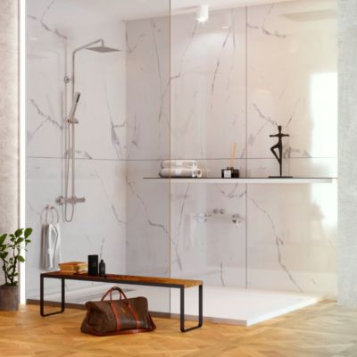 Panneau Mural Revetement Décoratif pour Salle de bains, Douche et WC, L120xl120x0.4 , marbre blanc, KOBERT IN Mud White