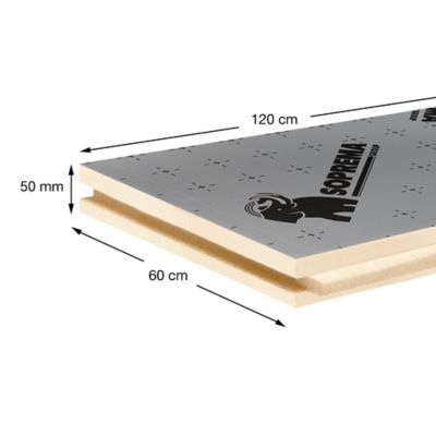 Panneau polyuréthane haute performance emboîtable multi-usage Soprema 120 x 60 cm ép. 50 mm R. 2,30 m²K/W (vendu au panneau)