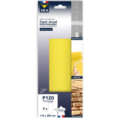 Papier abrasif corindon 115 x 280 mm grain 120 non perforé, lot de 5