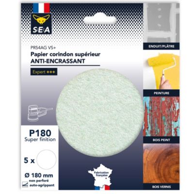 Papier abrasif corindon ø180 mm grain 180 anti-encrassement non perforé, lot de 5