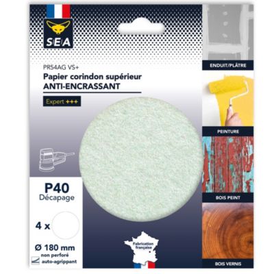 Papier abrasif corindon ø180 mm grain 40 anti-encrassement non perforé, lot de 4