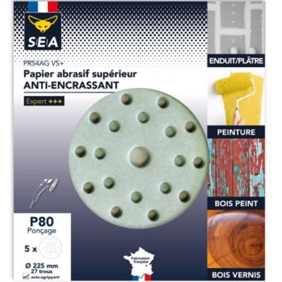 Papier abrasif corindon ø225 mm grain 80 anti-encrassement, lot de 5