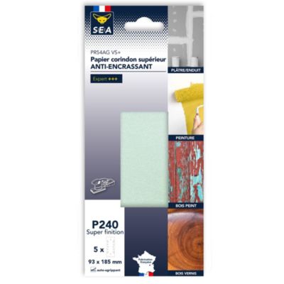 Papier abrasif corindon 93 x 185 mm grain 240 anti-encrassement, lot de 5