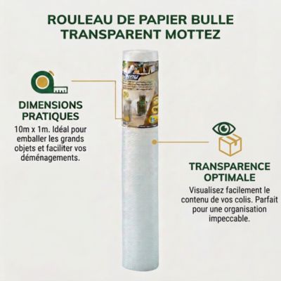 Papier bulle transparent en rouleau L.10 m x l.100 cm, Mottez
