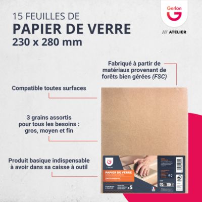 Papier de verre Gerlon - 3 grains assortis, 15 pièces